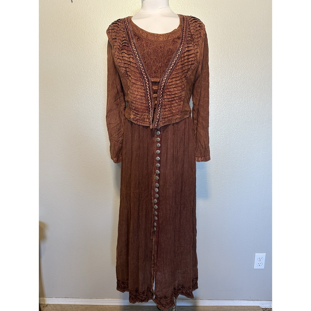 VTG 24 Karat Maxi Dress Small Embroidered Boho Button Front Gauze Boho Rayon Y2K